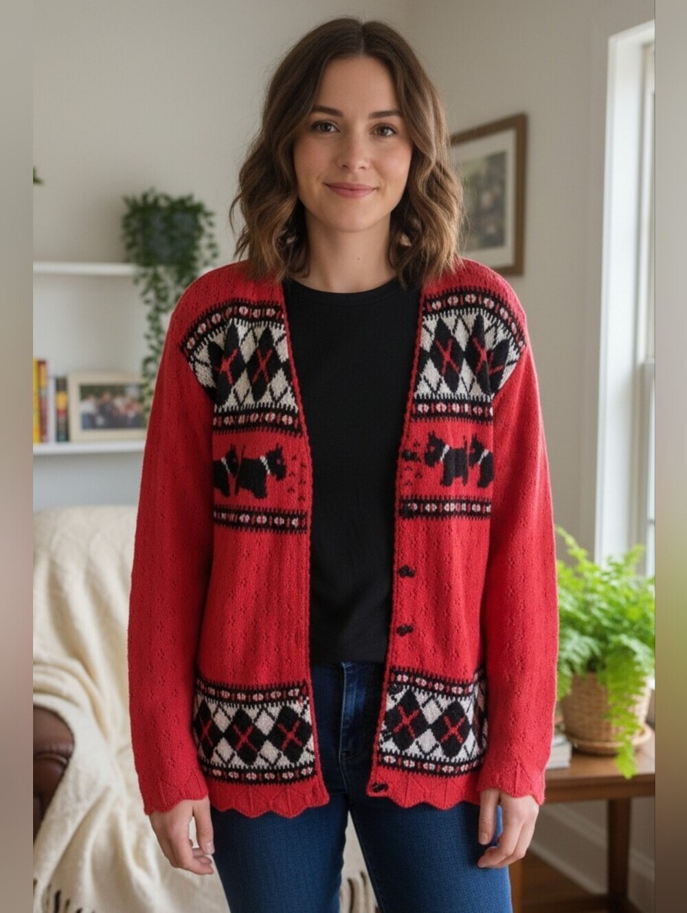 Northern Traditions Vintage 90's Red & Black Argyle and Dog Knit Sweater Size S